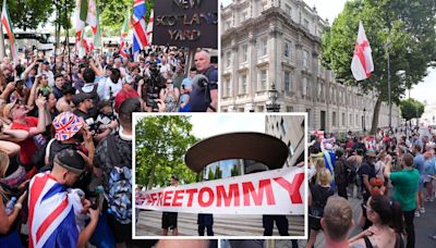Tommy Robinson supporters protest in London after activist says he has been detained under terror laws