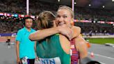 Finishing tied, Katie Moon and Nina Kennedy decide to split the pole vault gold at worlds