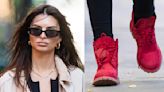 Emily Ratajkowski Takes a Stroll In Bright Red Timberland Boots