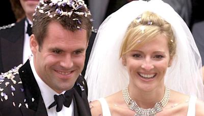 Gabby Logan was all smiles in cascading bridal dress and pearl choker on wedding day