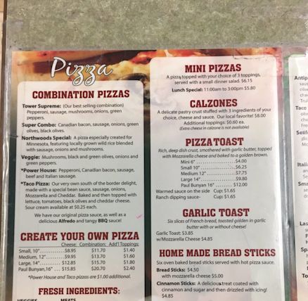 tower pizza menu