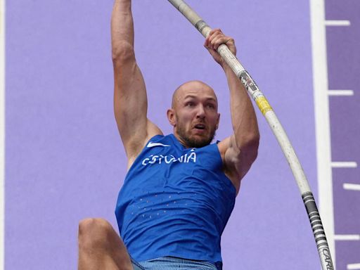 Estonia's Karel Tilga's pole vault attempt goes wrong during decathlon