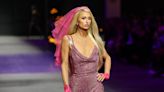 Paris Hilton Closes Versace Show In Pink Mesh Mini Dress and Matching Veil For the Ultimate Bridal Party Girl Look