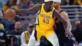Pascal Siakam of the Indiana Pacers drives the ball around Josh Hart of the New York Knicks in Game 4 of the Eastern Conference...