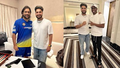 Singer Jassie Gill meets Chennai Super Kings players Mahendra Singh Dhoni and Dwayne Bravo, see pic