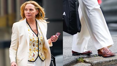 Kim Cattrall Adds Whimsical Touch to Summer Dressing With Quilted Escada Vest and Penny Loafers in NYC