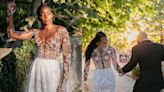 A bride's custom wedding gown had an illusion bodice and a removable skirt