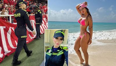 Soccer fans distracted by stunning female cop patrolling the stadium