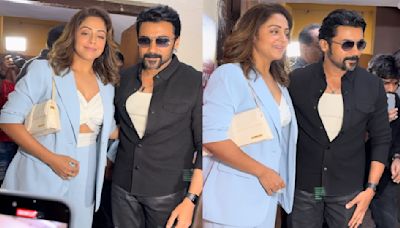 Jyothika’s powder blue pantsuit strikes perfect balance of sass and class, complemented by her statement white Jacquemus bag