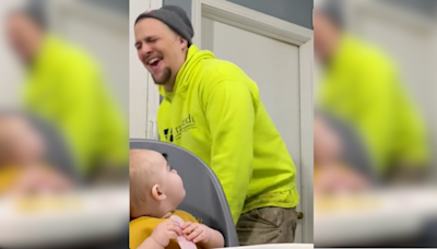 Mom And Baby Pull Goofy Prank On Dad That Has Him Falling Over In Laughter