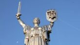 Ukrainian trident mounted on Mother Ukraine monument