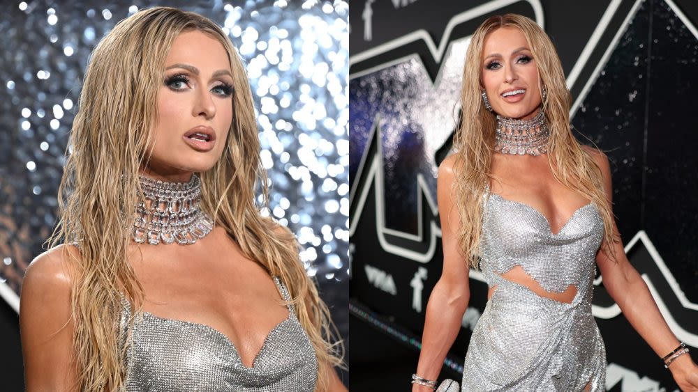 Paris Hilton Captivates in Crystallized Silver Celia Kritharioti Chainmail Dress for MTV VMAs 2024 Red Carpet