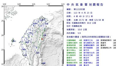 3分鐘2震！4：49、52規模5.9、5.3極淺層地震 深度僅1.6公里全台有感