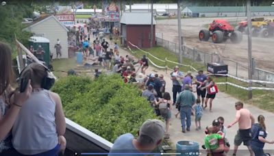 Monster truck at show in Topsham takes out utility wires during jump, sending patrons scattering
