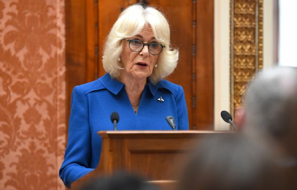 Queen Camilla Wears Anna Valentine Cobalt Blue Collared Dress for Buckingham Palace Event