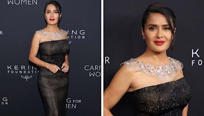 Salma Hayek Proves the Art Deco’s in the Details in Pinstriped Gucci Dress and Statement Necklace at Kering’s Caring for Women Dinner 2024