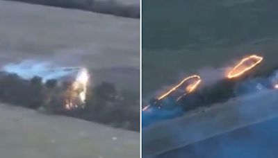 Moment Ukraine use ‘flaming drone’ with flesh-melting thermite to burn Russians