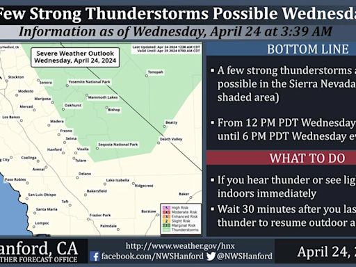 Weather Service Reports a Few Strong Thunderstorms Possible Today (Wednesday, April 24) in portions of Fresno, Mariposa, Madera, Merced, Tuolumne Counties and Yosemite