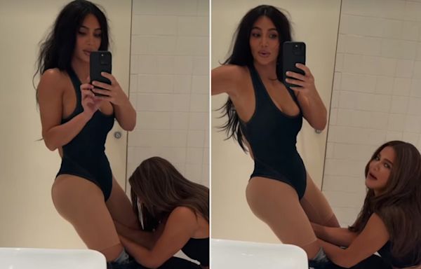 Kim Kardashian Shares Hilarious Video of Sister Khloé Fastening Her Bodysuit in Bathroom: ‘Things I Find in My Phone’