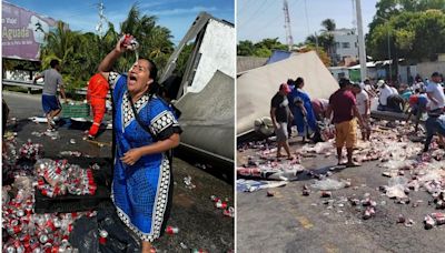 Mujer se baña en cerveza tras volcadura de camión en Campeche y se viraliza: "una lavadita y pa' la fiesta"