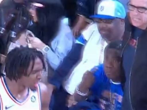Hilarious footage shows Jon Stewart and Ben Stiller's reaction to Tyrese Maxey's heroics vs. Knicks... as Tracy Morgan FLIPS OFF Sixers star