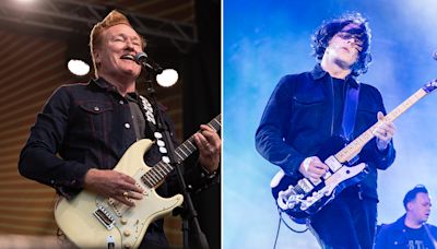 Conan O’Brien invites Jack White to swap solos on White Stripes and Eddie Cochran classics at the Newport Folk Festival