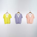 【CUMAR】珍珠釦假二件短袖針織上衣 粉 紫 黃(魅力商品)