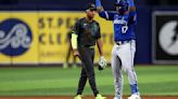 The Kansas City Royals' Nelson Velazquez celebrates after hitting an RBI double during the eleventh inning against the Tampa Bay Rays at Tropicana Field on Saturday, May 25, 2024, in St...