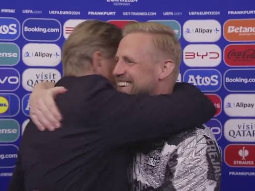 Peter Schmeichel hugs son Kasper on live TV after interviewing him