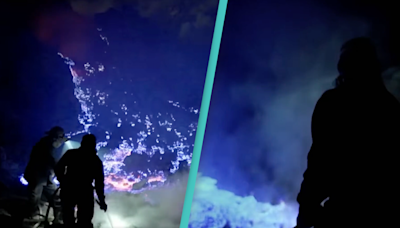 Mind-blowing clip shows man visiting the only volcano in the world with blue lava