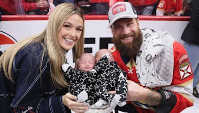 Panthers' Jonah Gadjovich, wife Allison pose with newborn twins in Stanley Cup