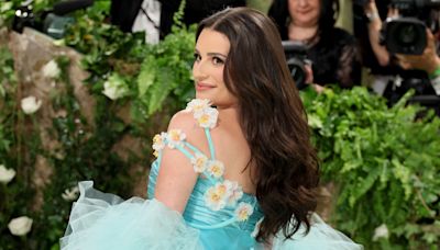 Pregnant Lea Michele is Radiant in Turquoise With a Waterfall Train at Met Gala 2024