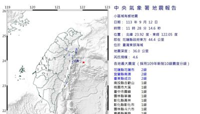 9縣市有感！11:28東部海域規模4.6地震 最大震度2級