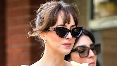 Dakota Johnson on set of rom-com Materialists with Chris Evans in NY
