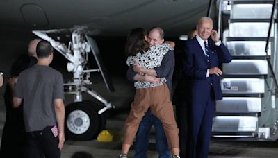 Evan Gershkovich and fellow freed Americans welcomed back to US by Biden and Harris after Russia prisoner swap