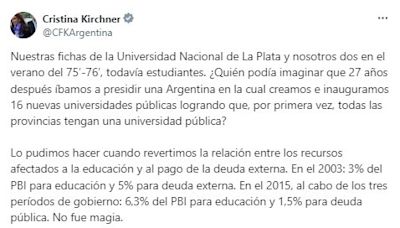 Cristina Kirchner, antes de la marcha universitaria: "Educación pública para la igualdad de oportunidades"