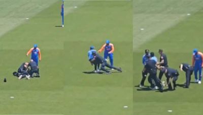 Fan Invades Pitch To Hug Rohit Sharma During Ind vs Ban Warm-Up Match In New York...