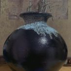日本小石原燒流釉肩沖大罐花瓶花器  通體黑釉橘皮紋理敞口鼓