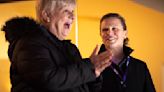 ...Darwitz, general manager of the PWHL's Minnesota team, looks to her cheering mother as...the game against Montreal from a suite in the Xcel Energy Center on Wednesday, Jan...