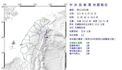 11時48分規模4.2地震 最大震度花蓮太魯閣4級