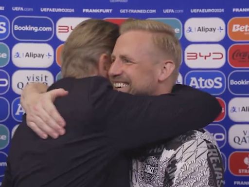 Peter Schmeichel hugs son Kasper live on TV after Denmark frustrate England