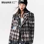 WooHa/吾哈2021冬季新款復古格子外套女時髦感西裝領格紋短款大衣現貨 正品 促銷