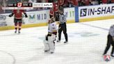 AHL goalie challenges opponent's bench after being knocked over