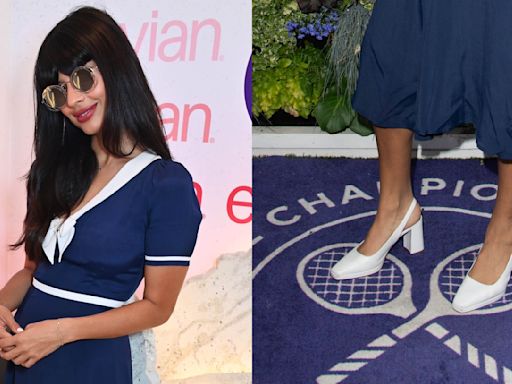 Jameela Jamil Takes Wimbledon 2024 Wearing Classic White Slingback Block Heels in London