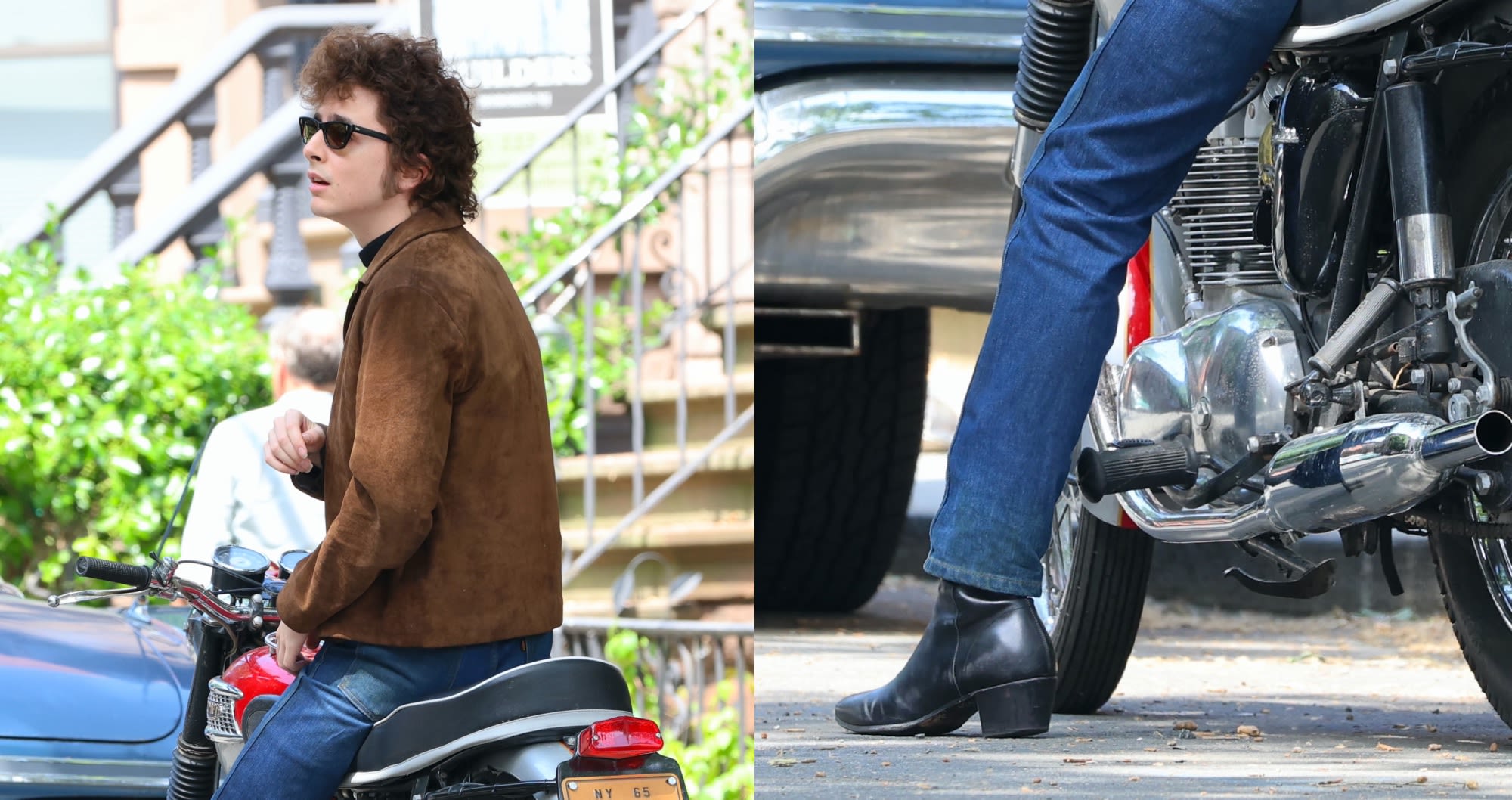 Timothée Chalamet Channels Bob Dylan in Motorcycle Jacket and Chelsea Boots on ‘A Complete Unknown’ Set