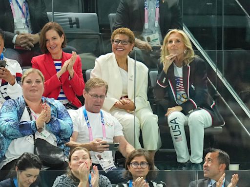 First Lady Jill Biden, Dawn Staley cheer on US men's gymnastics team at Olympic qualifying