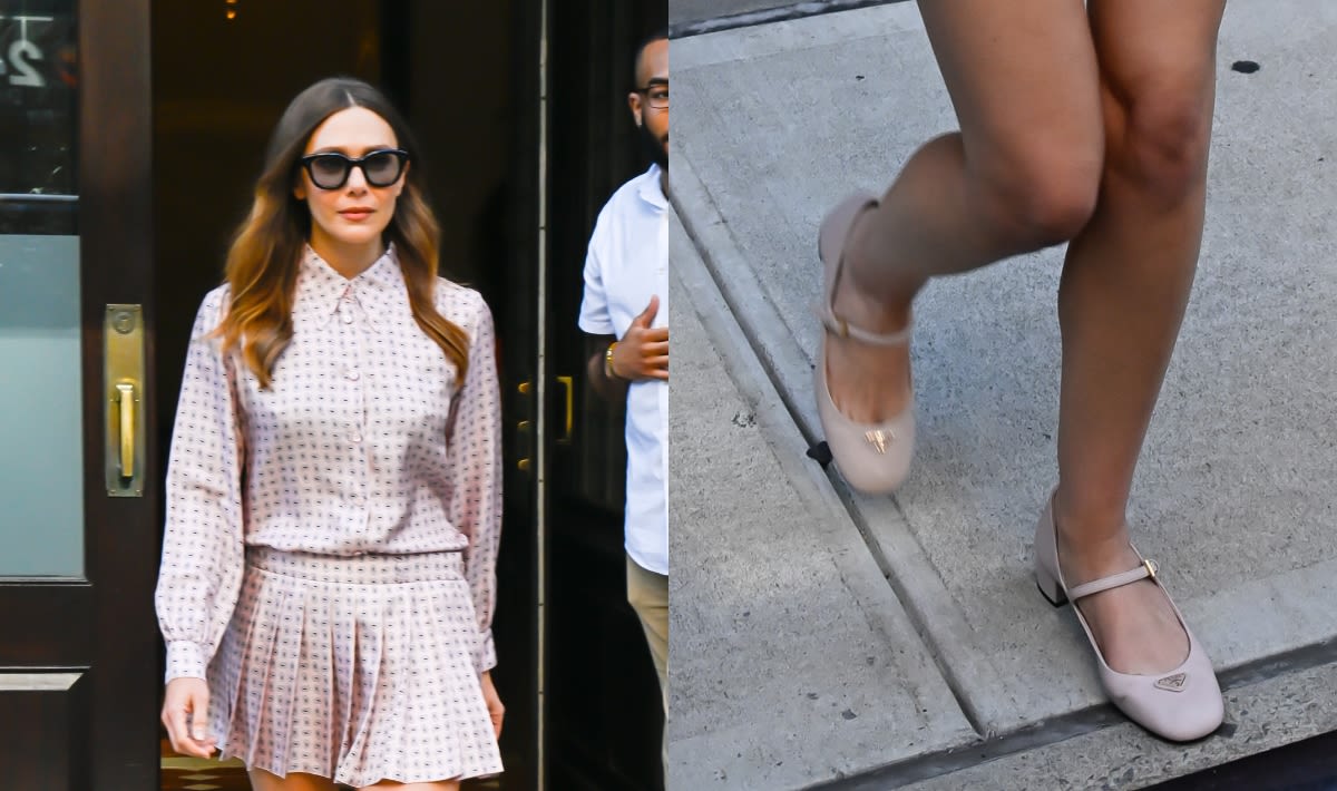 Elizabeth Olsen Brings Balletcore to the Streets of New York in Blush Pink Prada Mary Jane Flats