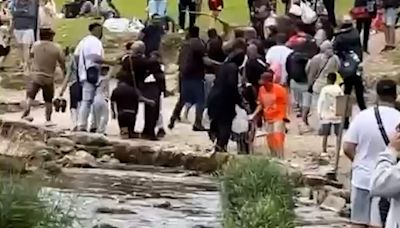 Moment huge brawl erupts at Dovedale stepping stones beauty spot