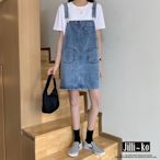 JILLI-KO 韓版寬鬆減齡牛仔可調吊帶裙 - 藍色
