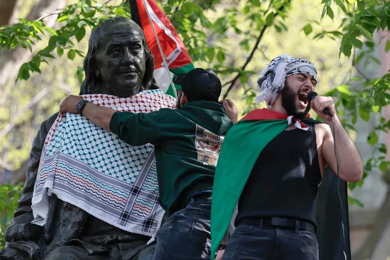 Demonstrators at Penn protest war in Gaza and set up encampment; Pulitzer Prize winner Chris Hedges escorted out of Princeton rally